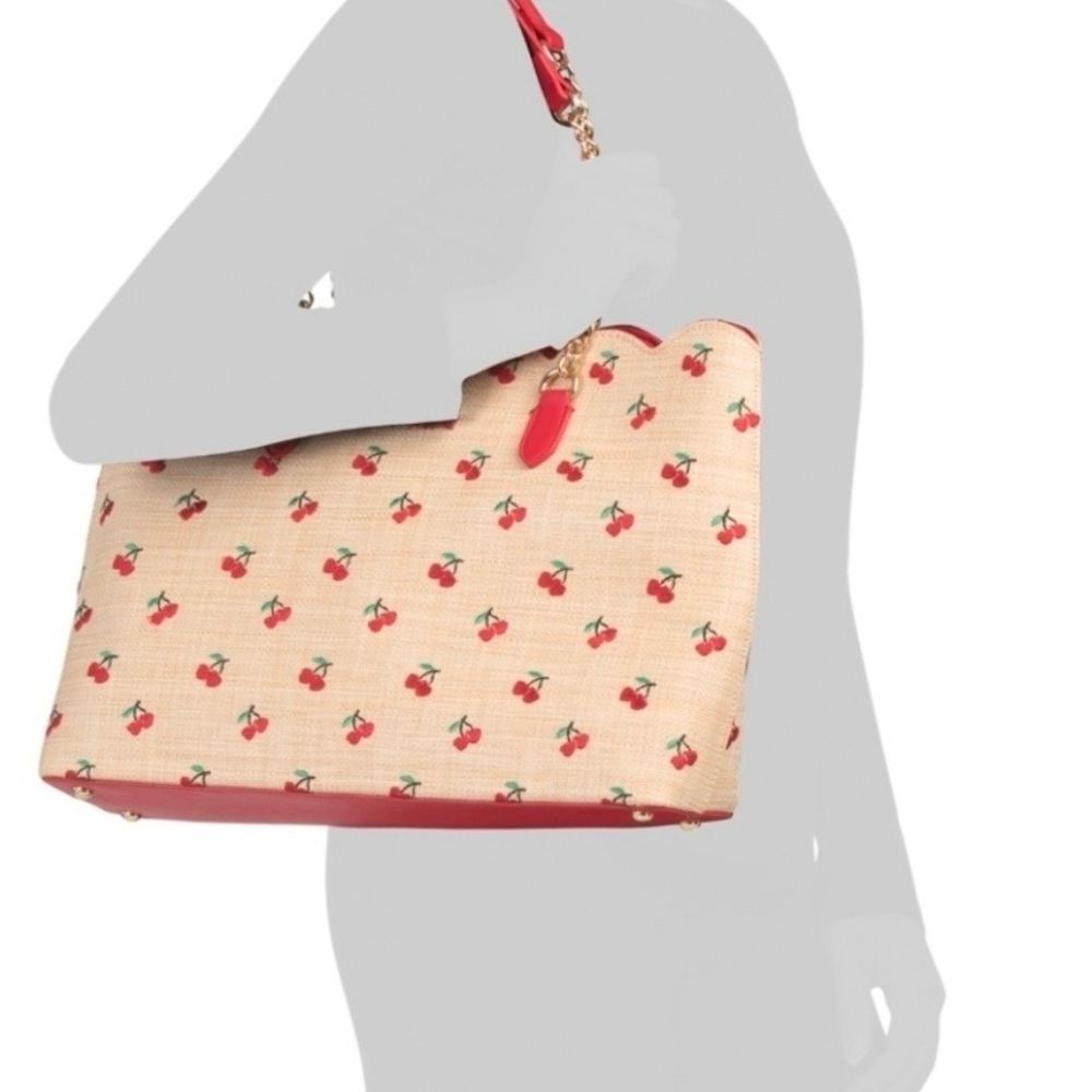 ☀️Betsey Johnson Cherry Straw Tote Scalloped Top Bag - Picture 4 of 9